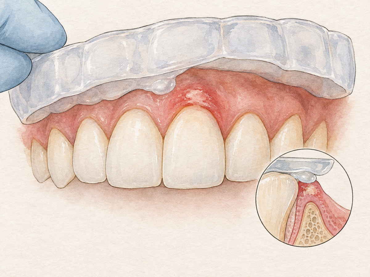 Close-up view of upper front teeth with a whitening tray being removed; a small area of gumline is red and swollen with a pale patch, showing a mild chemical burn from whitening gel, while surrounding gums remain healthy pink.