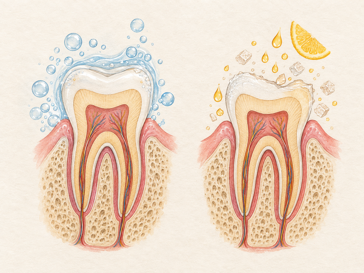 Two cross-sectioned teeth in pink gums: the left is bathed in plain sparkling-water bubbles and saliva, while the right is exposed to citrus acid droplets and sugar crystals, with slightly thinner enamel showing early erosion risk.