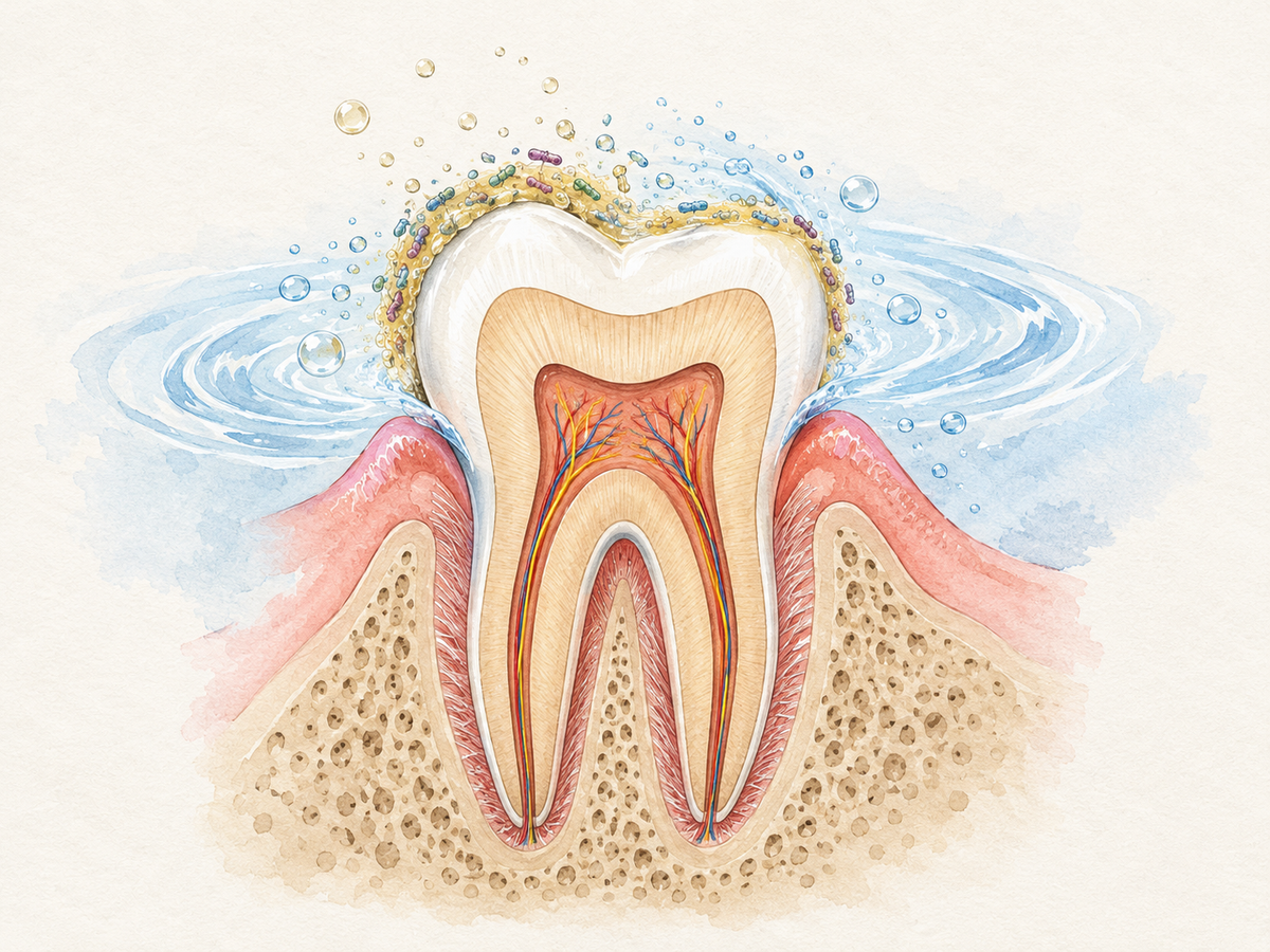 Cross-section of a tooth and gum with plaque bacteria and acid at the enamel surface, while a clear diluted baking soda rinse swirls around it to buffer acid and loosen plaque; healthy pink gums are visible.